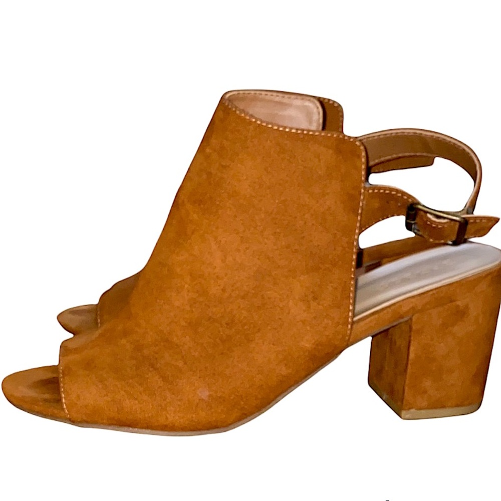 Bamboo Cognac Open Toe Back Faux Suede Vegan Bootie Block Heel Buckle Strap Boho